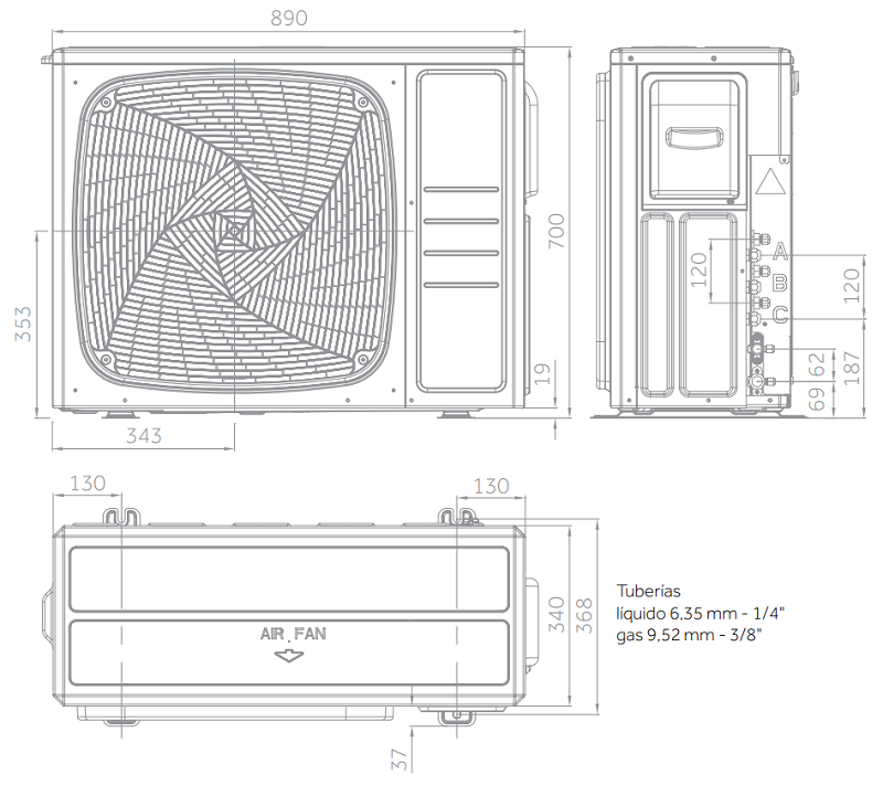 Medidas de la unidad exterior MultiSplit Residencial 1x3 7 kW - HAIER