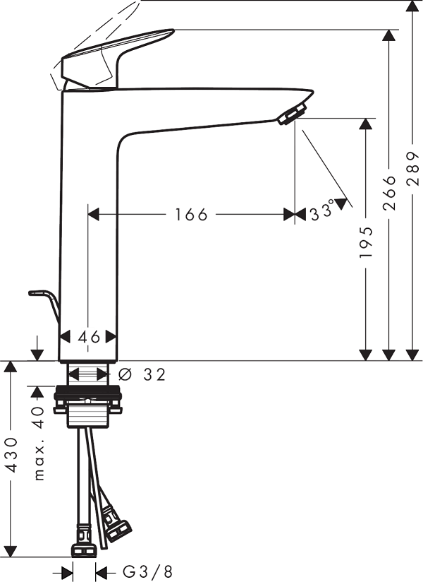 Medidas del grifo de lavabo monomando 190 LOGIS - HANSGROHE