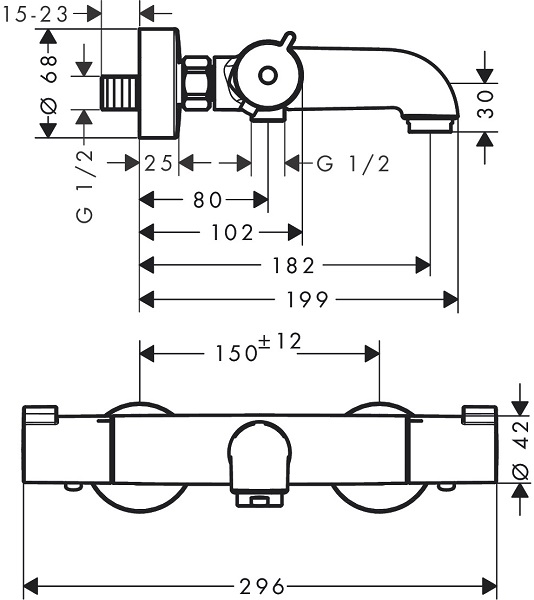 Medidas del grifo de bañera termostático Ecostat 1001 CL - HANSGROHE