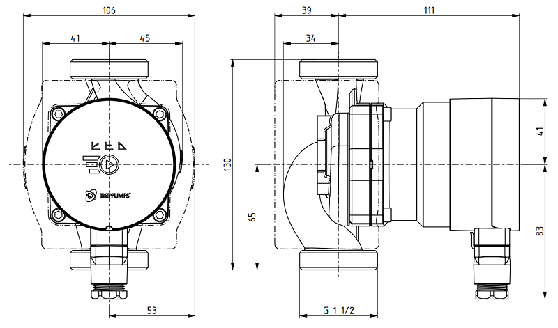 Medidas de la bomba de circulación NMT MINI 25/60-130 - IMP PUMPS