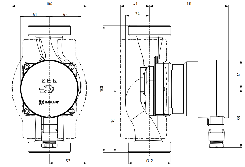 Medidas de la bomba de circulación NMT MINI 32/80-180 IMP PUMPS