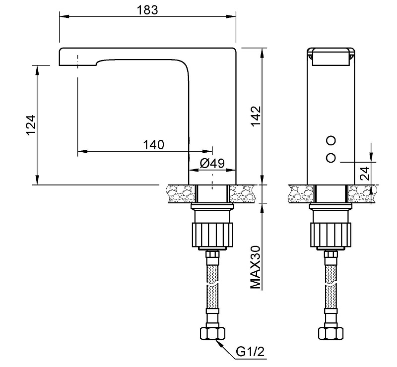 Medidas del grifo de un agua electrónico de instalación sobre encimera - NOFER