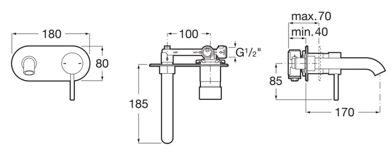 Medidas del grifo monomando empotrable para lavabo LANTA - ROCA