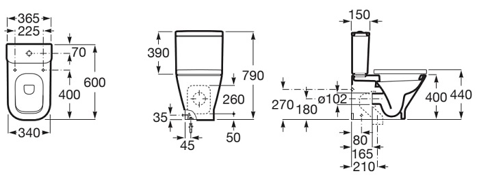 Medidas de la taza compacta con salida dual THE GAP - ROCA