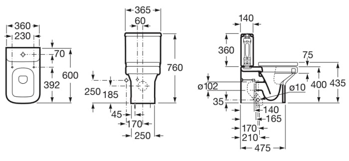 Medidas del inodoro completo Rimless® compacto de tanque bajo DAMA - ROCA