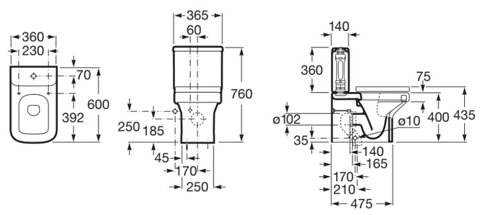 Medidas del inodoro completo con salida dual para inodoro de tanque bajo DAMA - ROCA