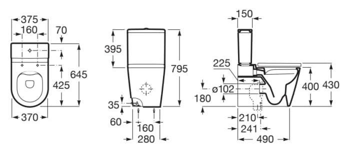 Medidas del inodoro completo adosado a pared con salida dual ROUND INSPIRA - ROCA