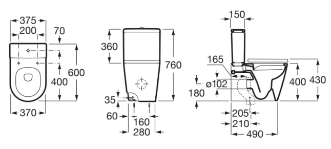 Medidas del inodoro completo de pared con salida doble ROUND INSPIRA - ROCA