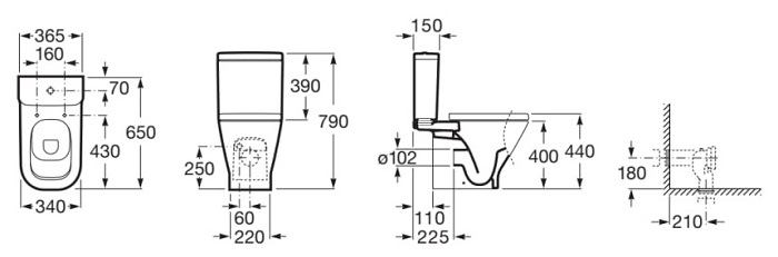 Medidas del inodoro completo con salida horizontal y alimentación lateral THE GAP - ROCA