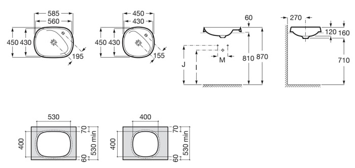 Medidas del lavabo de FINECERAMIC® de encimera 585x450 mm BEYOND - ROCA