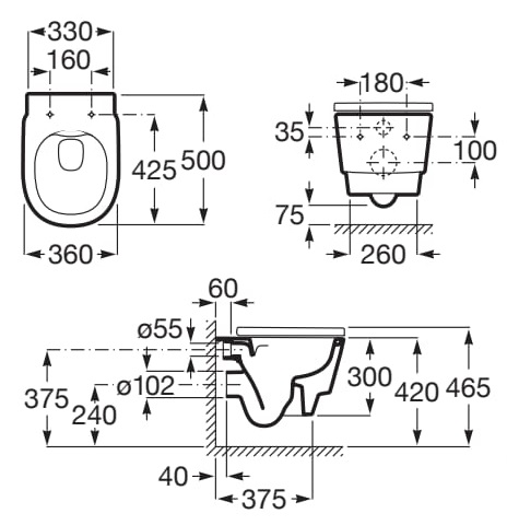 Medidas de la taza Rimless® suspendida TURA - ROCA