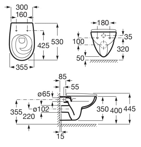 Medidas de la taza Rimless® suspendida VICTORIA - ROCA